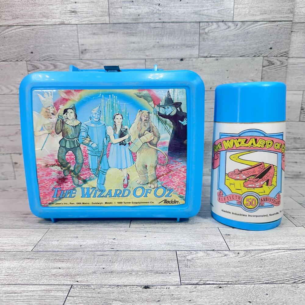 Vintage 1989 Wizard Of Oz Lunch Box Thermos Blue Aladdin 50th Anniversary Set